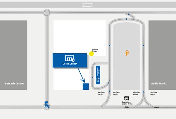 Tu trouveras ici le plan d'accès au Click & Collect ainsi qu'aux boxes de retrait. 