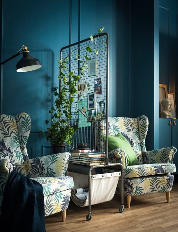 Two armchairs separated by a room divider holding a plant, magazine and book storage.