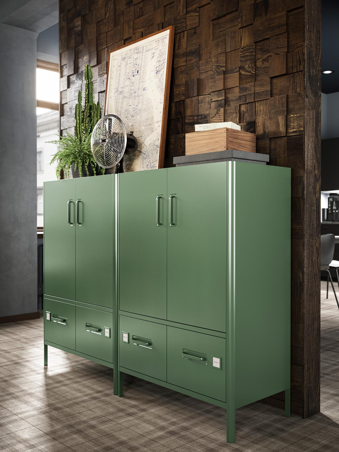 Two large IDÅSEN cabinets in green with doors and drawers, standing next to each other in a warmly lit office.