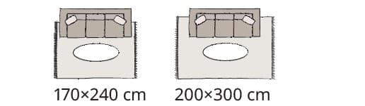 Two living room layouts show how 170×240 cm and 200×300 cm rugs support the seating area with a sofa and a coffee table.