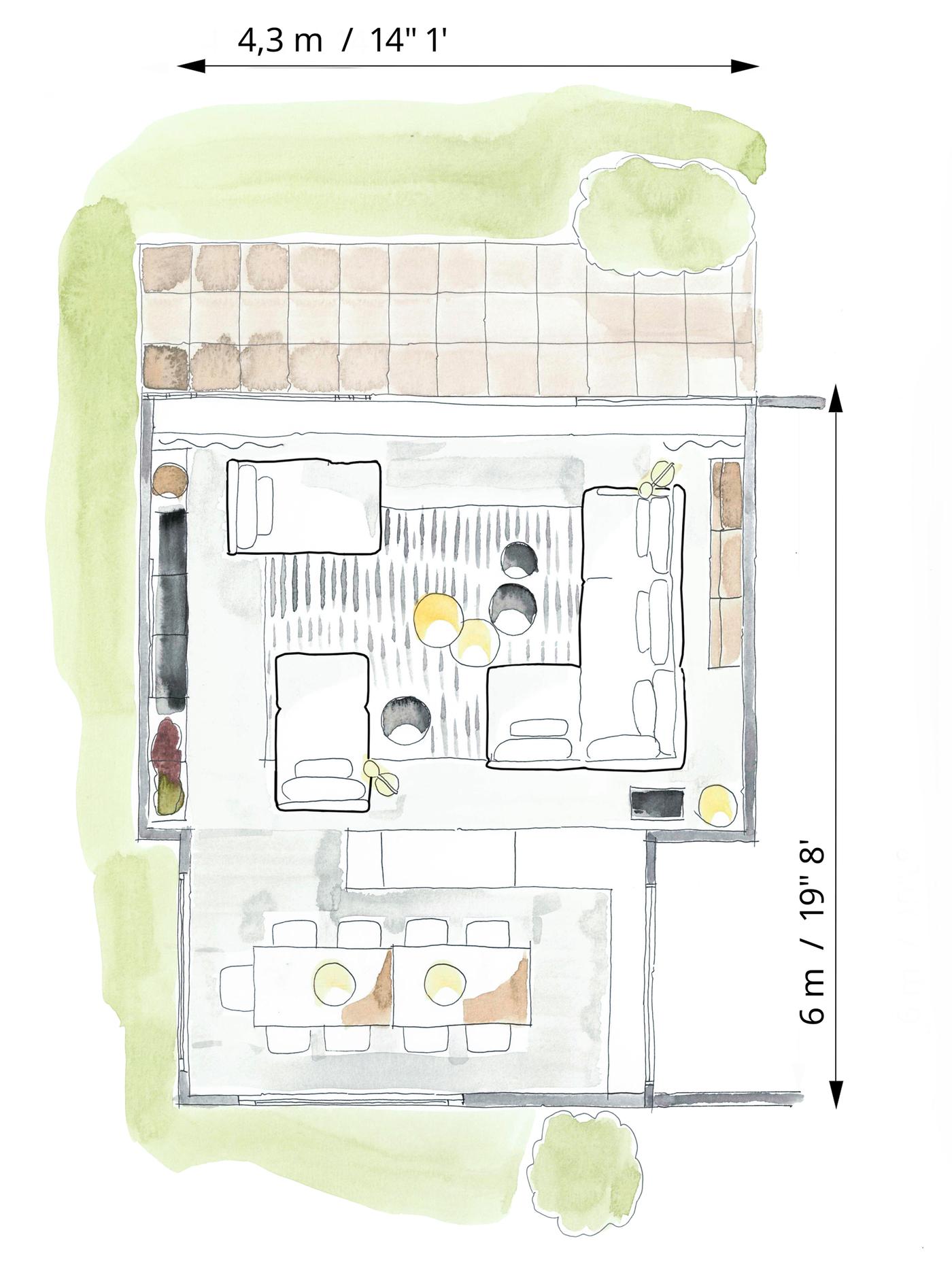 Un colorido plano que muestra la disposición de los muebles en una habitación.