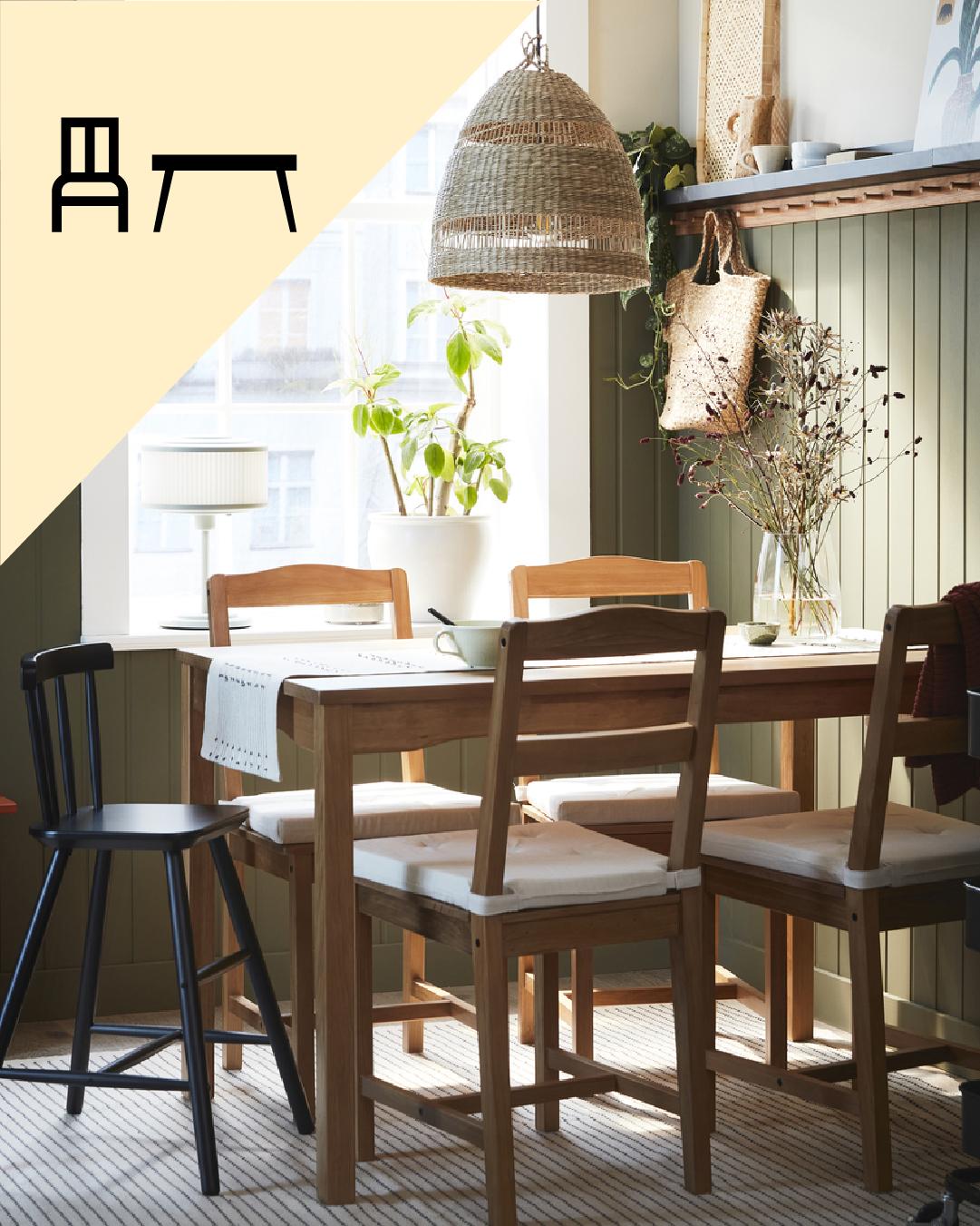Un comedor IKEA y en la parte superior izquierda de la imagen un tríangulo amarillo con íconos de comedor.