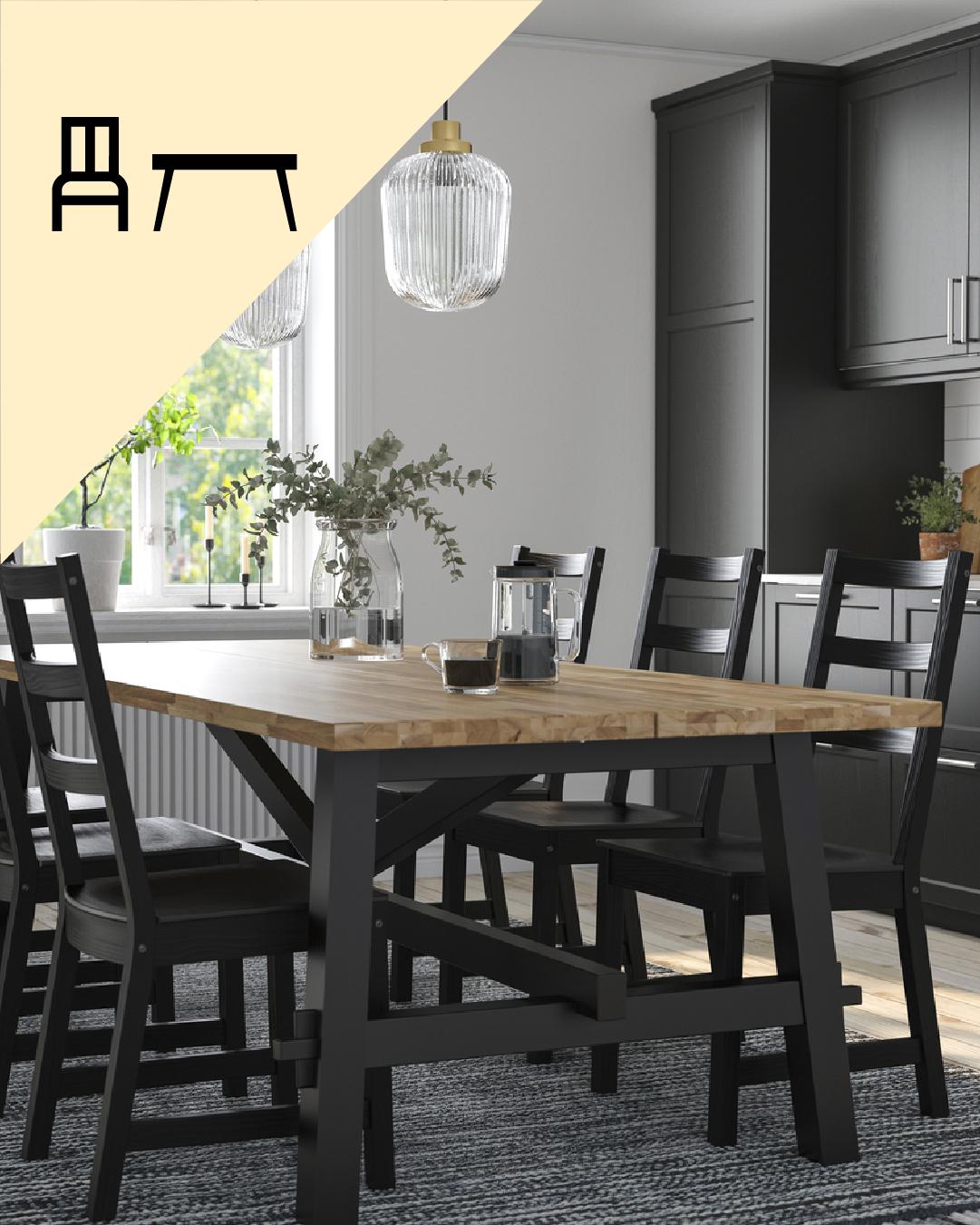  Un comedor para 8 puestos y en la parte superior izquierda de la imagen un tríangulo amarillo con íconos de comedor.
