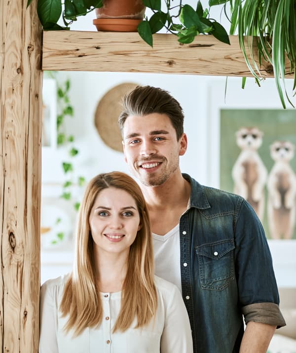 Un jeune couple debout à côté de poutres en bois avec des reproductions encadrées accrochées au mur derrière eux.