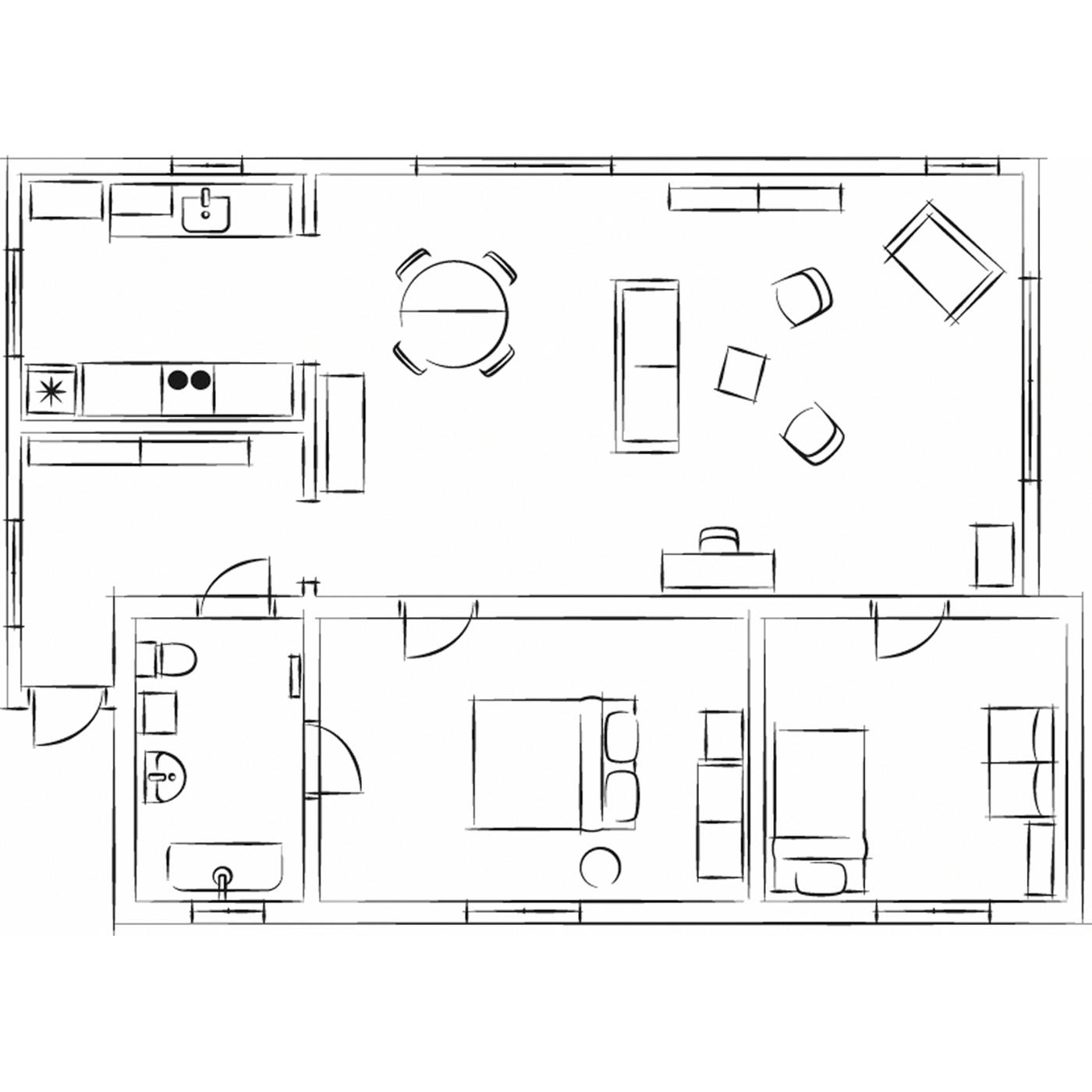 Un plan en noir et blanc de l’appartement de style rustique montrant la disposition des meubles à l’intérieur.