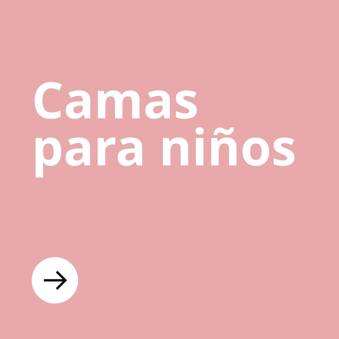 Una imagen de fondo rosa con el texto "camas para niños" y en la parte inferior un círculo blanco con una flecha negra.