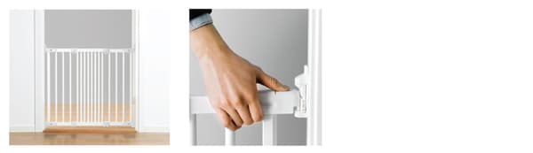Una puerta de seguridad blanca en una puerta junto a una imagen de una mano ajustando una puerta de seguridad.