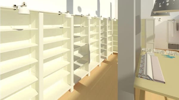Una vista 3D di un negozio con scaffali aperti da un programma di pianificazione.