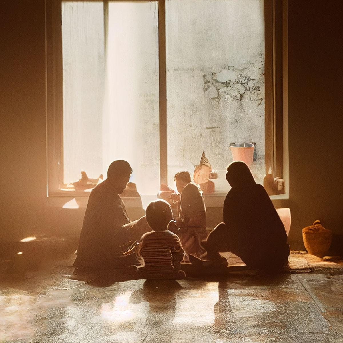 Une famille assise ensemble sur le plancher.