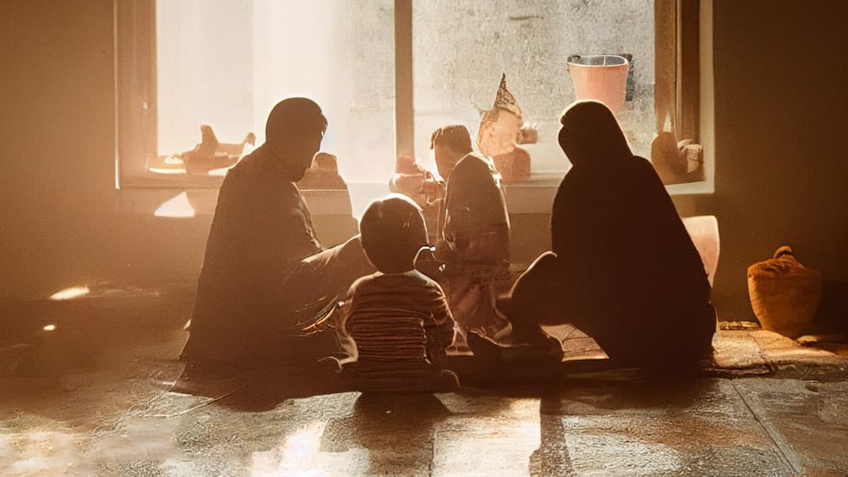 Une famille de quatre personnes assise dans un cercle dans un salon.