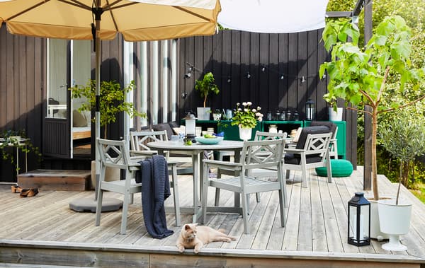 Une grande terrasse meublée comme une salle de séjour avec des tables, des chaises, des plantes, du rangement, de l’éclairage et un chat à l’avant-plan.