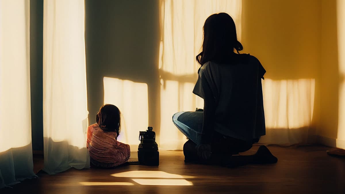 Une mère et sa fille assises dans une pièce vide.