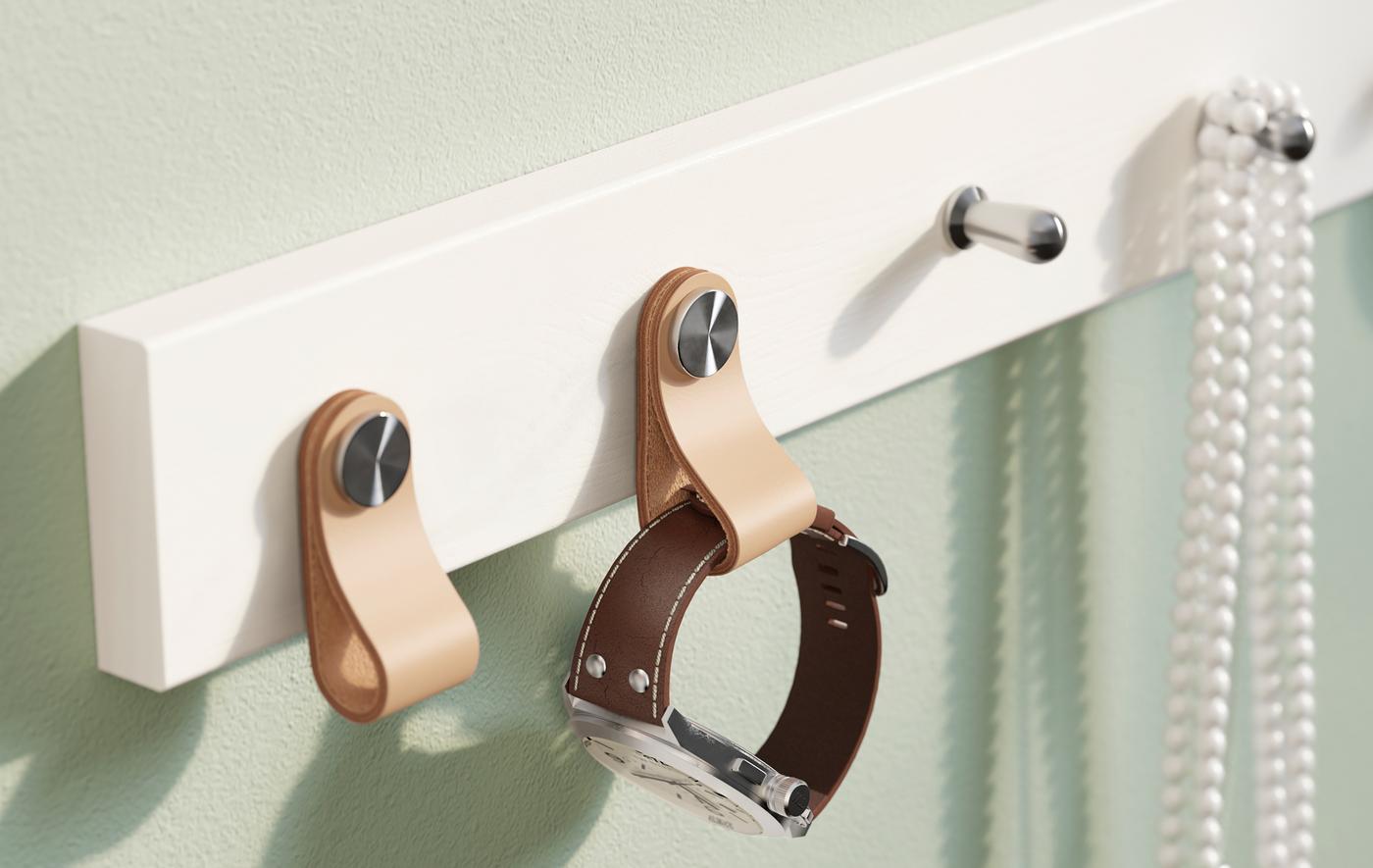 Une patère IKEA LURT blanche pour 6 boutons à laquelle une montre et quelques perles sont suspendues.