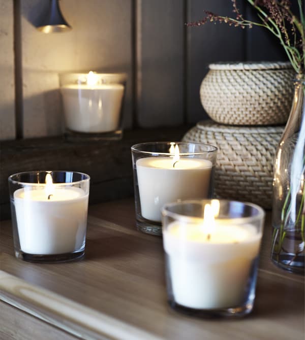 Vanilla candles are a quick way to set the mood in the bedroom. IKEA has a wide variety of scented candles like SINNLIG in a glass cup with a natural colour that smells of vanilla ice cream and freshly baked waffles.