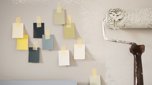 Various colour suggestions hanging on a wall next to a paint roller.