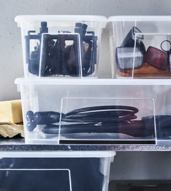Various plastic storage boxes.