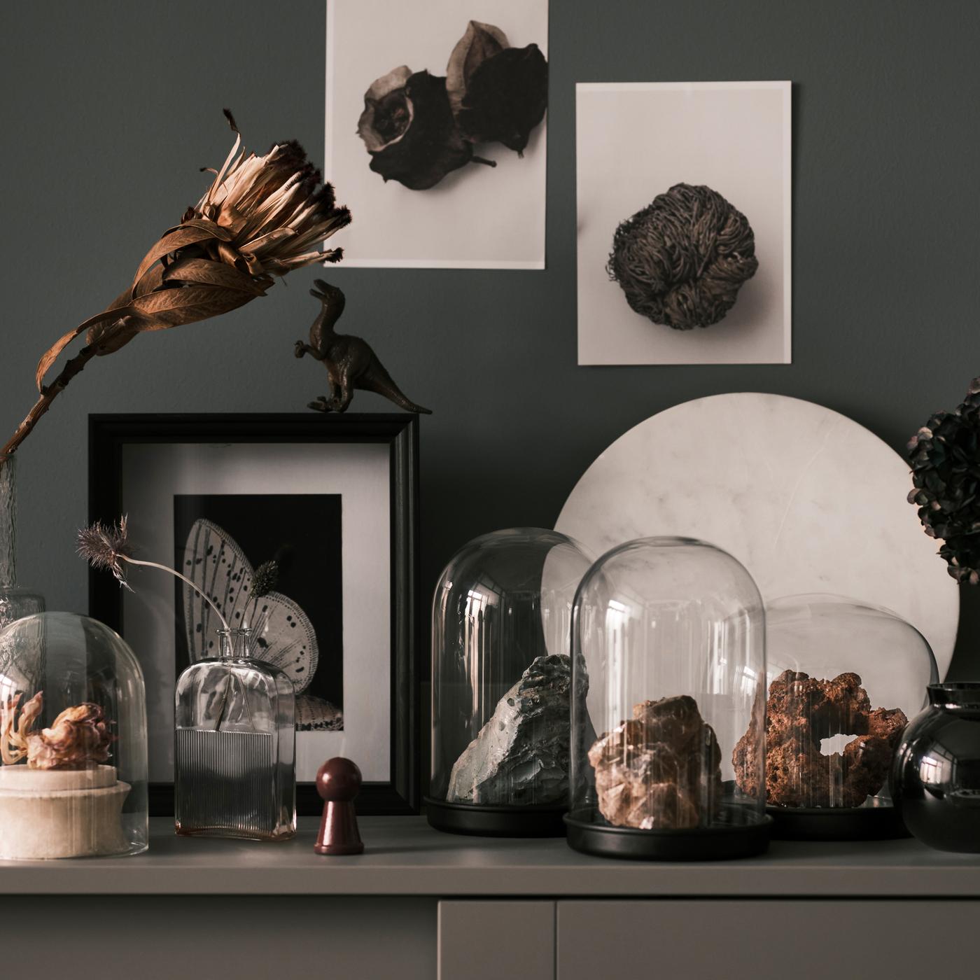Various rocks displayed in SKÖNJA glass domes beside a white dish and a framed picture, on top of a grey glass-door cabinet.