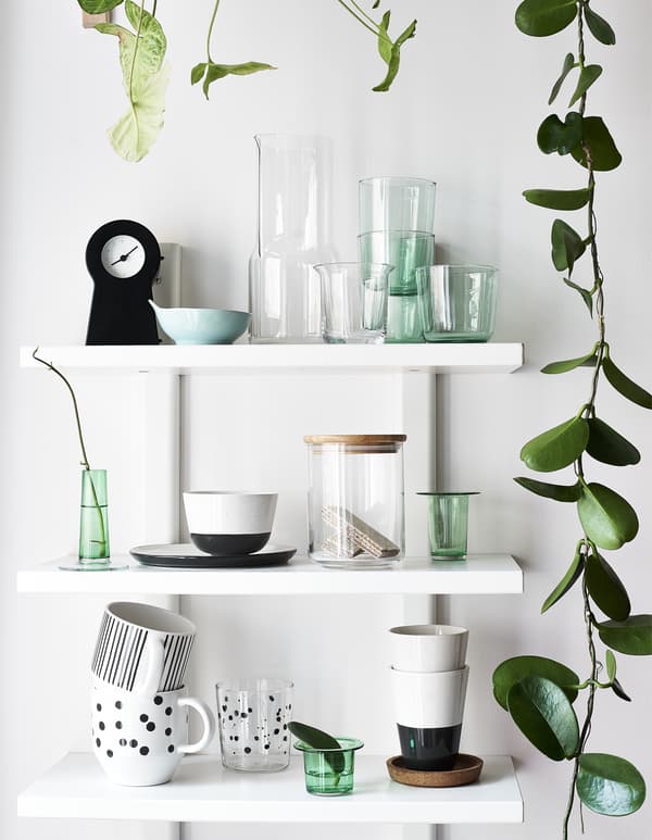 Verres, mugs et boutures présentés sur trois étagères blanches.