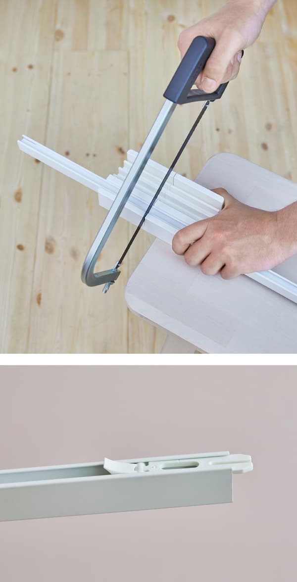 Vous pouvez installer des rideaux au plafond grâce au système de rail VIDGA signé IKEA. Chaque rail mesure 140 cm de long. Pour rallonger les éléments ou les faire correspondre à votre espace, vous aurez besoin de la boîte à onglet blanche VIDGA pour les couper à longueur. Placez le rail dans la boîte et utilisez une scie à métaux.