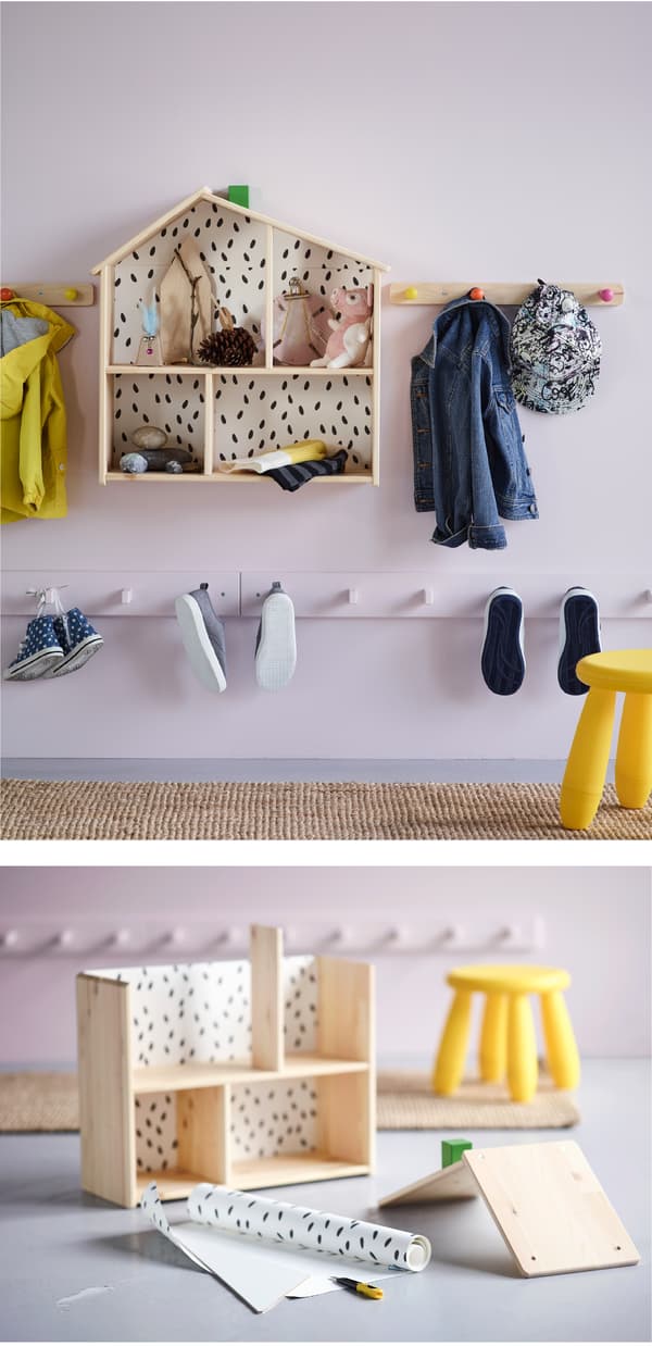 Voyez notre idée pour créer un rangement adapté aux petits, dans l’entrée ou ailleurs. Optez pour une patère à crochets placée à la bonne hauteur et les enfants pourront accrocher leur manteau tout seuls. 