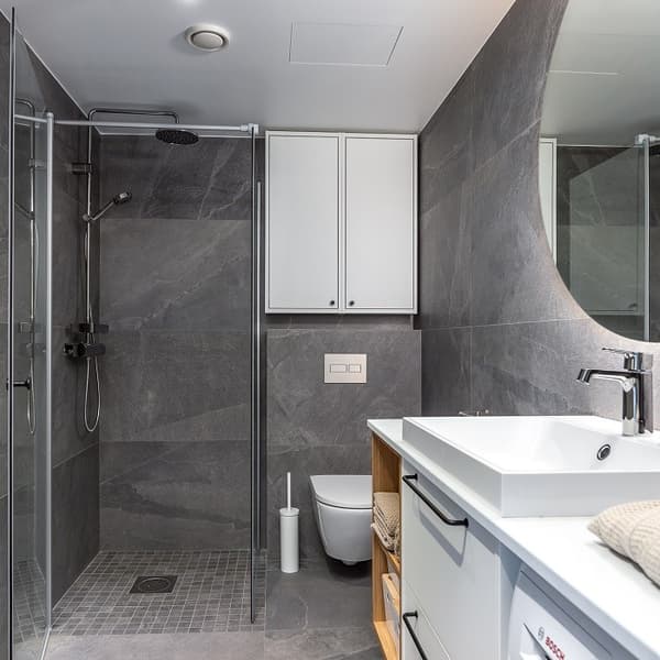 Walk-in shower bathroom with large mirror and modern fixtures