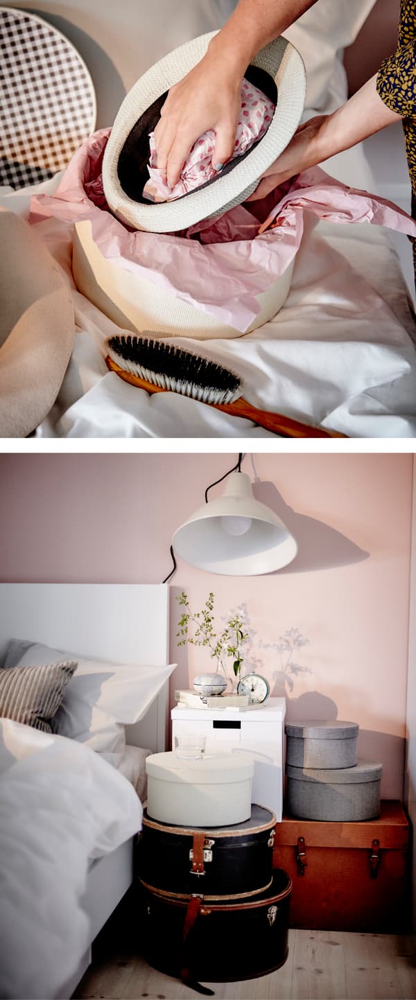 We thought it’d be fun to turn this pile of hat boxes into a super simple night stand set-up that helps save a bit of space too.