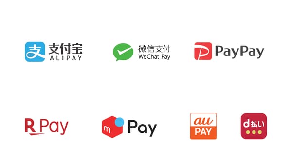 支付宝、WeChat Pay、PayPay、楽天ペイ、メルペイ、au PAY、d払いのコード決済ロゴ一覧