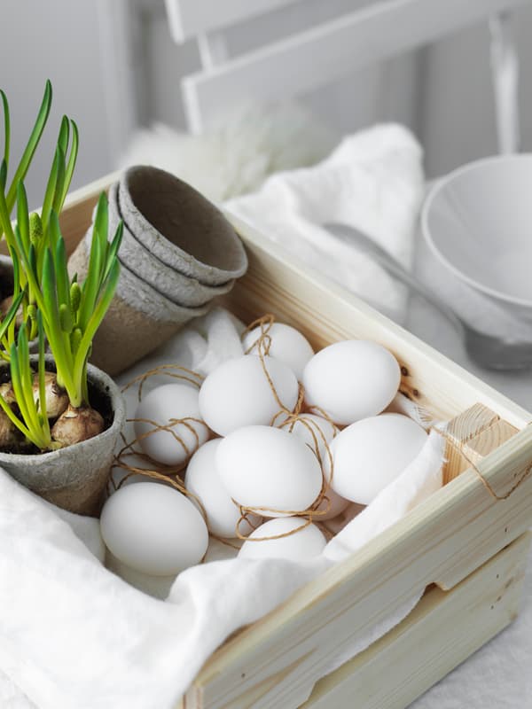Weiße Eier in einer HOlzkiste bereit zum Färben mit Naturmaterialien
