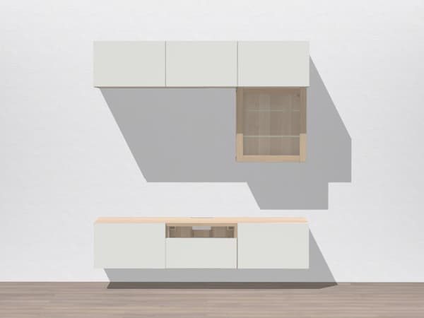 Weißes Besta Regal mit kelinen Regalen darüber in weiß und im Holzlook. 