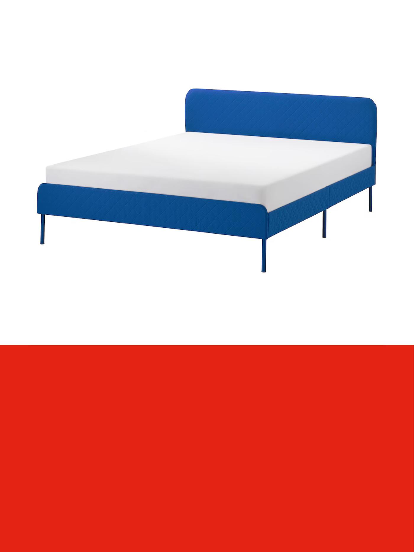 White bed frame with a blue upholstered headboard and matching blue side panel, shown against a light background above a red banner.