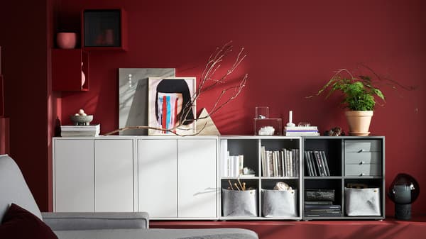 White EKET bookshelves and cabinets.