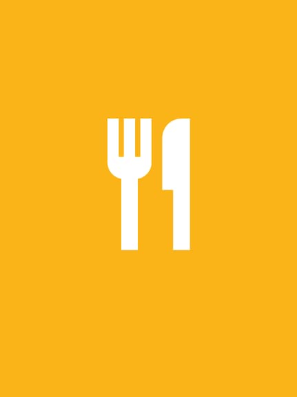 white graphic of a knife and fork on a yellow background