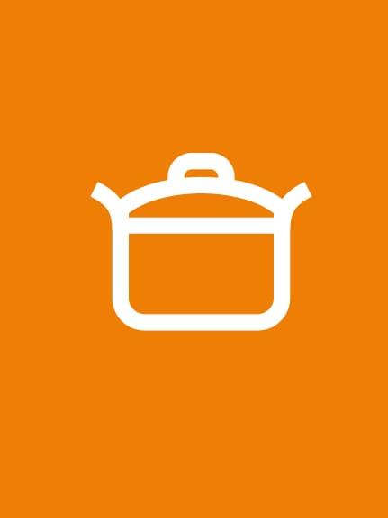 white graphic of cooking pot on an orange background