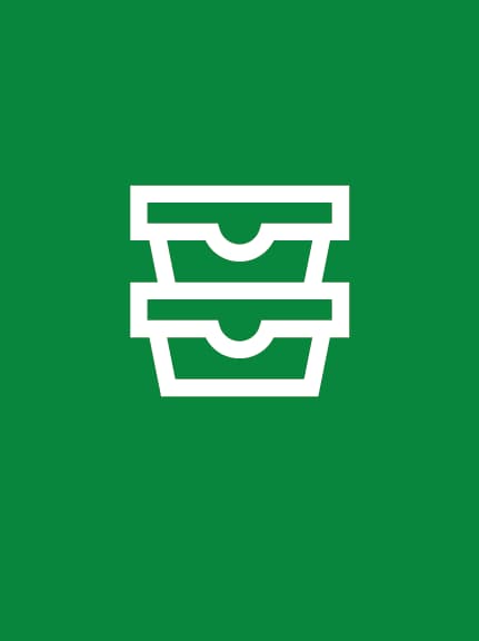 white graphic of two storage containers stacked, on a green background