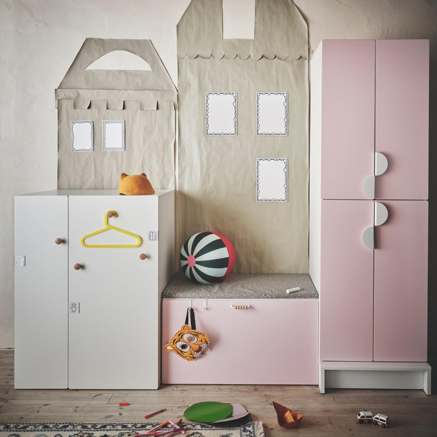 White SMÅSTAD wardrobe and two pink SMÅSTAD wardrobes