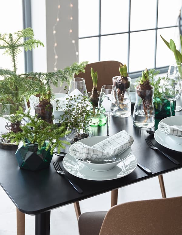 Why not decorate the dinner table with flower bulbs in different glass vases for the holidays? IKEA has a modern selection of clear glass vases, such as TIDVATTEN and BERÄKNA.