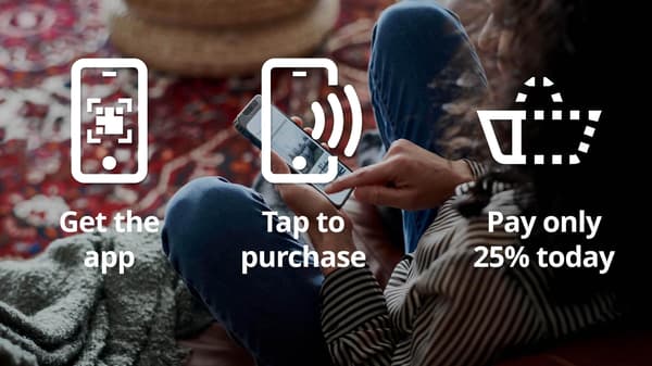 Woman using the Afterpay app on her phone. 1. Get the app, 2. Tap to purchase, 3. Pay only 25% today