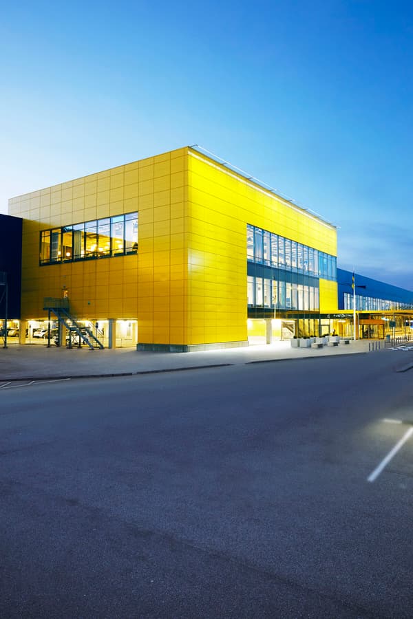 Yellow and blue colors on store buildings represent the IKEA brand