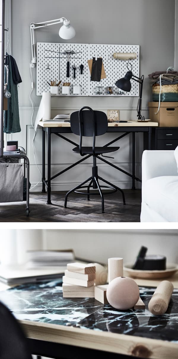 You don’t need a big space for your creative endeavors; just a space with smart storage like a peg board and plenty of drawers.