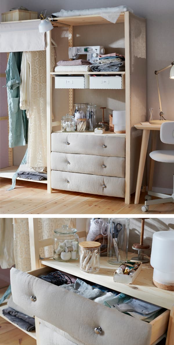 Za prijatniju atmosferu, tkaninom ukrasi klasičnu komodu s fiokama od punog drveta. Isprobaj IKEA IVAR komodu s 3 fioke od prirodne borovine!