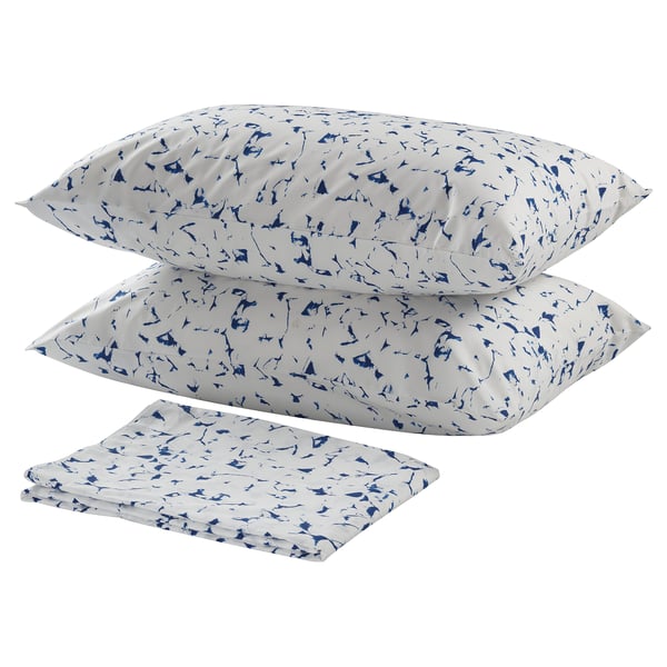 Blue patterned cotton bedding set including two pillows and a fitted sheet.