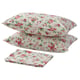 Floral bed linens set: 2 pillows, 1 flat sheet. Pink roses, green leaves on white. 100% cotton.