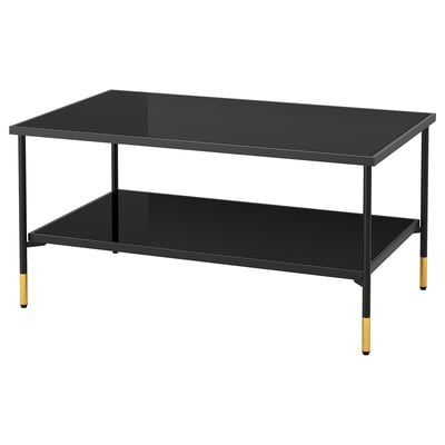 ÄSPERÖD coffee table: black & gold metal with smoky glass. Rectangular, elegant design.