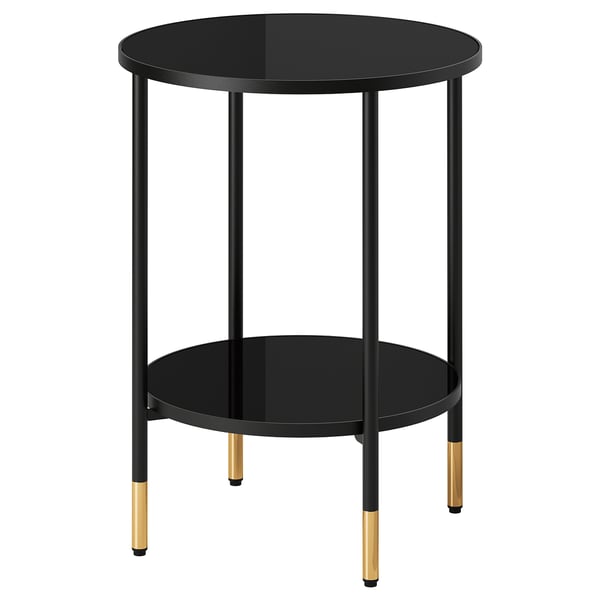 ÄSPERÖD: sleek black side table with smoky glass top, gold accents, round shape.