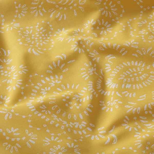 Bright yellow fabric with white floral patterns, soft feels, 100% cotton.
