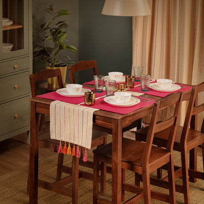 Brightly set table with AROMATISK runner, pink placemats, white cups, gold candlesticks.