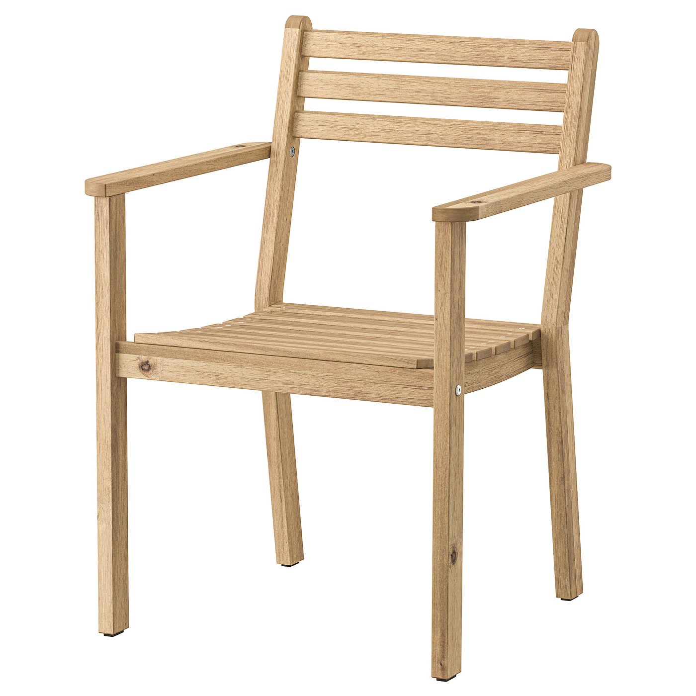 A wooden chair named ASKHOLMEN in light brown. It armrests and a simple, sturdy design, perfect for outdoor use.