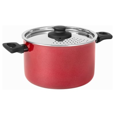 A red BAKÅTVOLT pot with a glass lid, two black handles, and a non-stick coating, perfect for even heat distribution.