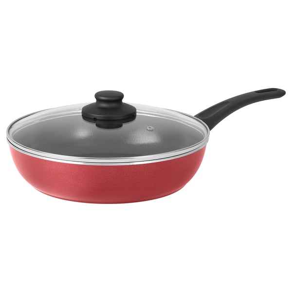 Red BAKÅTVOLT pan: round shape, black handle, glass lid, non-stick ceramic coating.