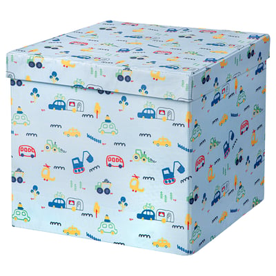 Blue BARNDRÖM toy box with vehicles, recycled materials, zip.